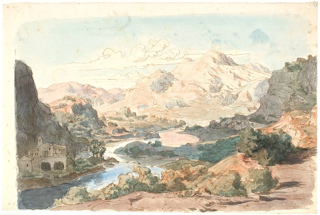 Paesaggio montano italiano con un fiume e un edificio - Statens Museum for Kunst